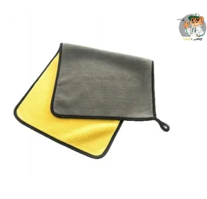 دستمال مایکروفایبر دو لایه خودرو زرد و طوسی با جذب بالا و لبه‌های مقاوم برای خشک‌کردن و تمیزکاری حرفه‌ای بدنه و کابین خودرو